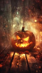 Wall Mural - Sinister halloween jack o  lantern glowing against grunge wood with eerie bokeh background