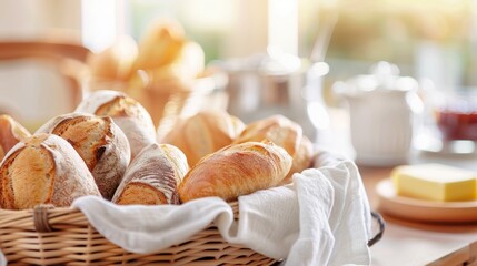 A basket filled with fresh assorted bread rolls on a breakfast table, with butter and jam in the background, captured in warm morning light.