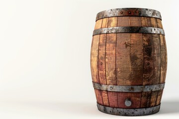 old wooden barrel with rusty metal rings standing on a white background