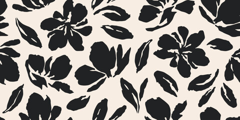 Poster - Flowers have organic shape with seamless background. Simple abstract floral pattern. Modern printing in black and white. Ideal for textile design, wallpaper, cards, posters and decoration.