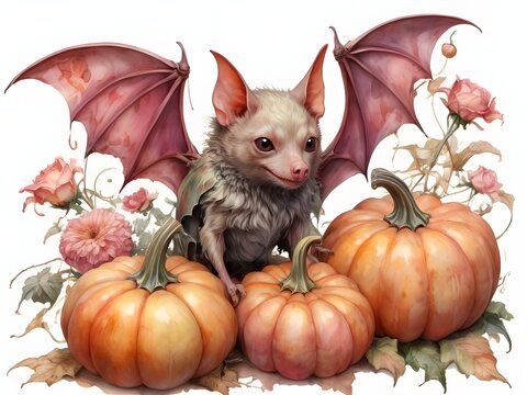 watercolor vintage style cute but spooky pink halloween bat with pumpkins  flowers