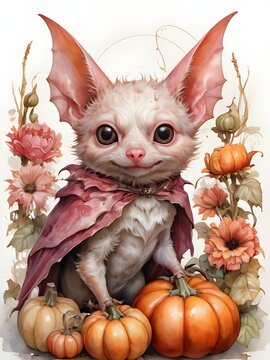 watercolor vintage style cute but spooky pink halloween bat with pumpkins  flowers
