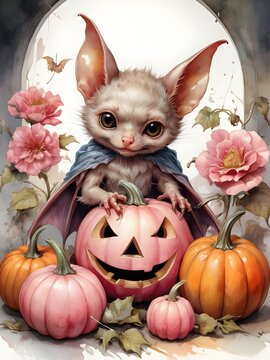 watercolor vintage style cute but spooky pink halloween bat with pumpkins  flowers