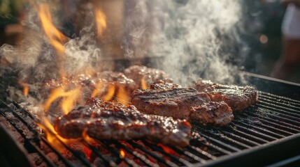 Canvas Print - Grilling meat on an open flame with visible heat and smoke, outdoor BBQ setting