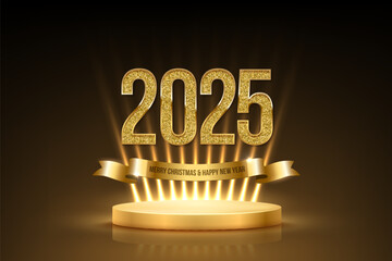 Wall Mural - golden 2025 number above gold ribbon and podium with spotlight vector illustration. merry christmas 