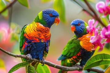 Pair of colorful rainbow lorikeets perch on a branch in a vibrant natural setting