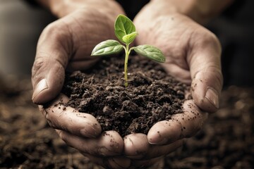 Hands nurturing a young plant growing in fertile soil. Gardening and environmental sustainability concept.