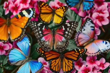 Wall Mural - Beautiful array of butterflies with vibrant colors sitting on colorful flowers spreading their wings