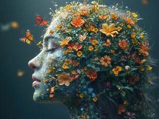 surreal digital artwork of human head sprouting colorful flowers and butterflies representing mental wellness creativity and positive thinking