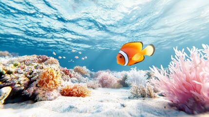 Wall Mural - Clownfish Swimming Over Coral Reef.