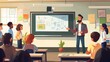 © Jang - A teacher standing in front of a smartboard, explaining a complex math problem to attentive high school students in a modern classroom