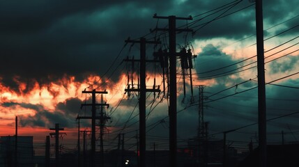 Aufkleber - Industrial scene with multiple power poles and transformers, dark clouds in the background