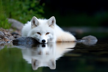 A peaceful and calming scene of the nine-tailed fox resting by a riverbank, its reflection in the water showing its true, ethereal nature