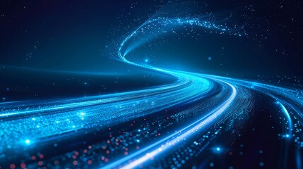 Stunning abstract representation of digital light trails forming a twisting, winding path in brilliant blue on a contrasting dark background.