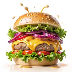 Wall Mural - Tasty burger with fresh ingredients on a white background