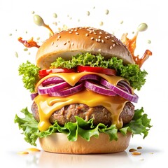 Wall Mural - Tasty burger with fresh ingredients on a white background