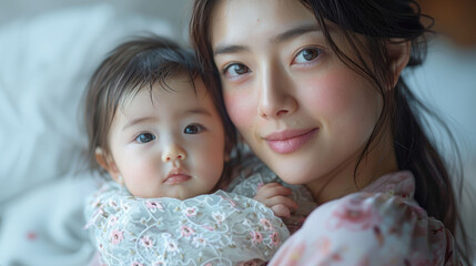 Wall Mural - Mother and baby close-up, both with soft smiles, showcasing deep emotional bond and tenderness.