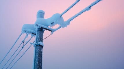 Poster - Power pole covered in snow during winter, with frosty cables and a soft sky