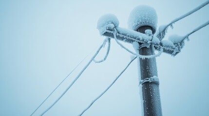 Poster - Power pole covered in snow during winter, with frosty cables and a soft sky