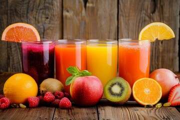 Sticker - Four glasses of colorful fruit juice with fresh fruits and vegetables are sitting on a wooden table