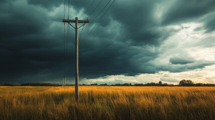 Aufkleber - Power pole with visible wires stretching into the distance, against a dramatic stormy sky