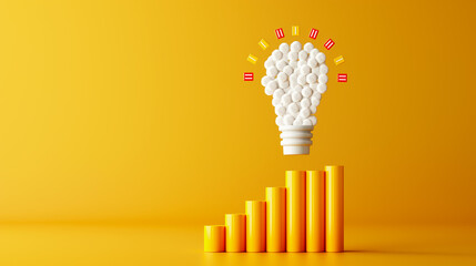 Poster - A light bulb composed of colorful elements rises above a yellow background, representing innovation and creativity alongside a growing bar chart, suggesting progress