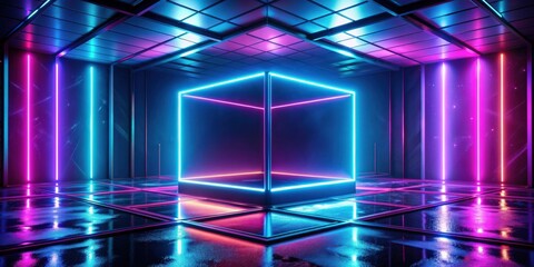 Wall Mural - rendering of a cyberpunk style gaming background with neon glow lights and a cube box in the room, gaming, abstract, cyberpunk