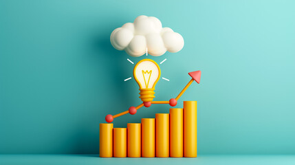Poster - A light bulb representing inspiration floats above a colorful bar graph that trends upward, set against a calm blue background with a cloud, conveying concepts of growth and creativity