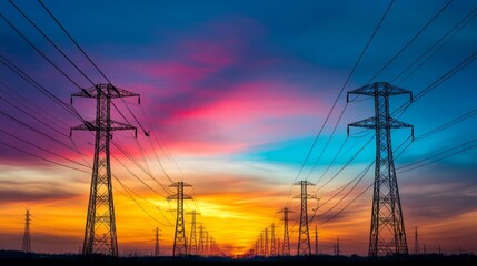 Wall Mural - Silhouette of electric power poles at sunset, with colorful sky and power lines stretching across