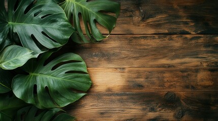 Wall Mural - Lush monstera leaves beautifully arranged on rustic wooden background