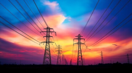 Aufkleber - Silhouette of electric power poles at sunset, with colorful sky and power lines stretching across