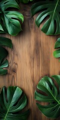 Wall Mural - Lush Monstera leaves arranged on a rustic wooden surface in bright light