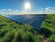 © furyon - vast field of gleaming solar panels juxtaposed with majestic wind turbines set against vivid blue summer sky renewable energy landscape illustrating sustainable power generation
