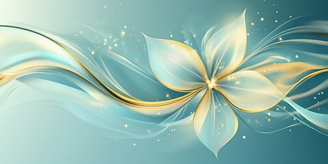 Canvas Print - golden abstract effect with light floral shape curved on azure background 