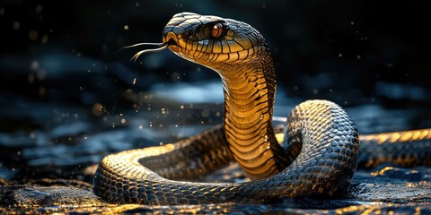 A black snake with golden scales, alert and ready to