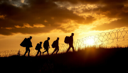 Silhouetted migrants journeying toward a sunset, symbolizing hope and the challenges of crossing borders.