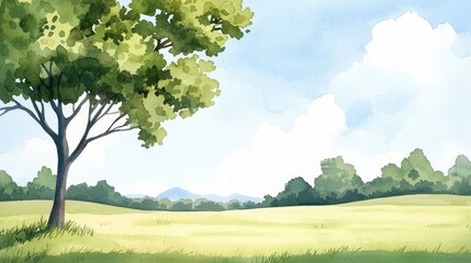 Wall Mural - Vibrant landscape featuring a lush green field, a solitary tree, and a backdrop of gentle hills under a serene sky.