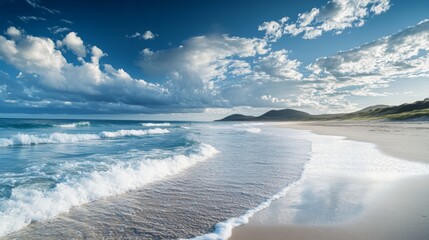 Poster - Wide shot of a beach with rhythmic waves breaking against the shore, with a peaceful, tranquil atmosphere