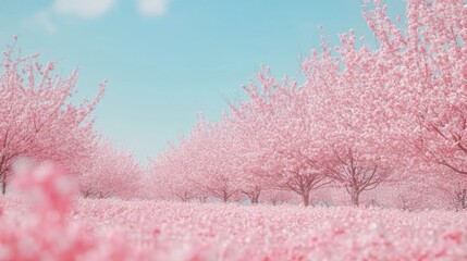 Poster - Wide shot of a beautiful field of cherry blossoms in full bloom, with soft pink petals covering the landscape