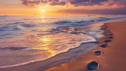 Sticker - Footprints on the Beach at Sunset