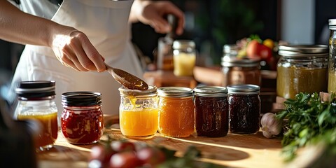 Homemade jam jars and a wooden spoon.