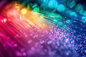 Poster - Fiber optic cables transmitting data creating a colorful blurred bokeh effect