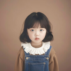 Wall Mural - Little girl in denim overalls with a white collar stands on a brown background
