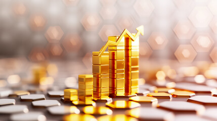 Poster - Golden bars representing financial growth stand tall on a reflective surface, with a soft, blurred hexagonal background enhancing the sense of prosperity and success