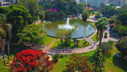 Wall Mural - Aerial View of a Lush City Park with a Fountain and Pond