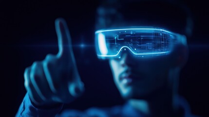 A focused individual using advanced virtual reality glasses, interacting with a digital interface in a futuristic setting.