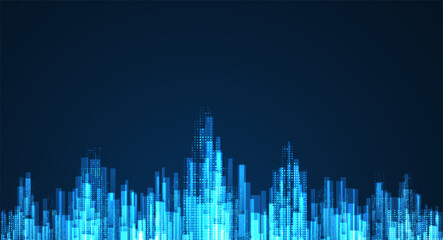 Poster - Cityscape on dark blue background with bright glowing neon. Technology city background