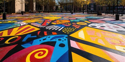 Wall Mural - Colorful geometric patterns painted on pavement.