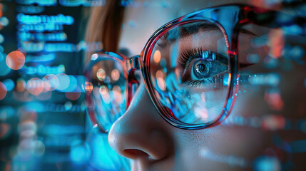 Close-up of a woman's face with glasses, business graphics and program code