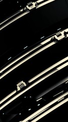 Poster - Abstract futuristic space ship with its rotating parts made of metal on black background, seamless loop. Silver mechanism with spinning round details.